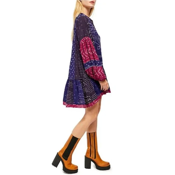 Free People Shibori Swing / Baby Doll Mini Dress with Balloon (Puff) Sleeves - Picture 3 of 16